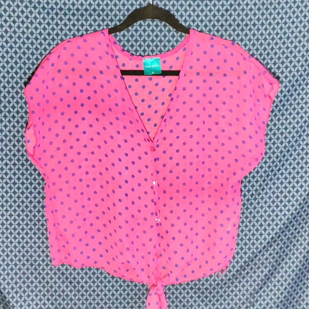 Color of Love - Bright pink polyester top with royal blue polka dots. Size- XL
